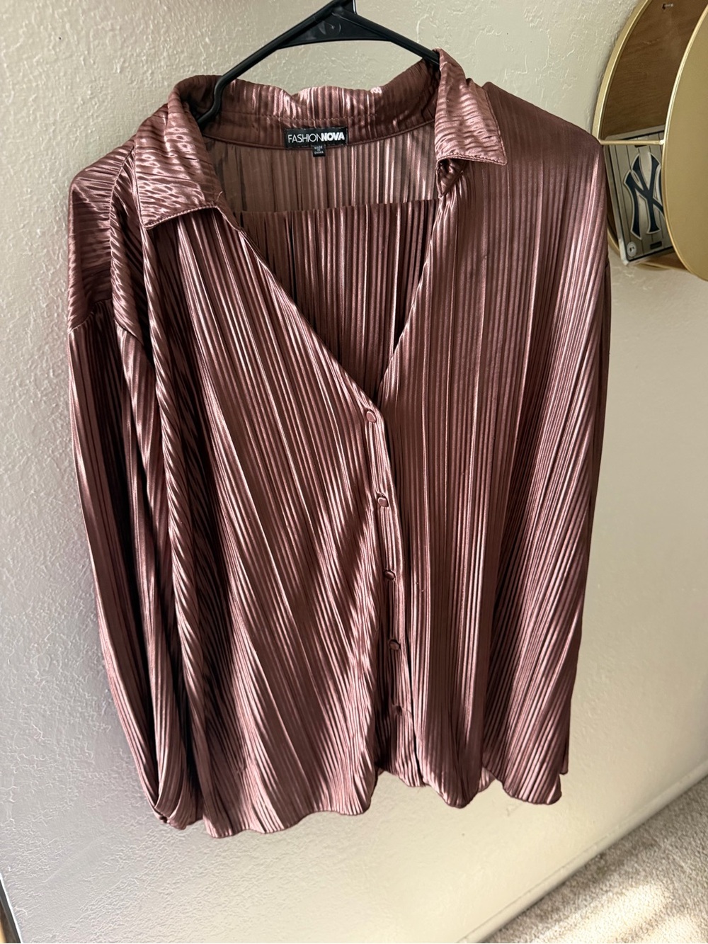 Fashion Nova Satin Pleated Button-Down Top — Dusty Mauve